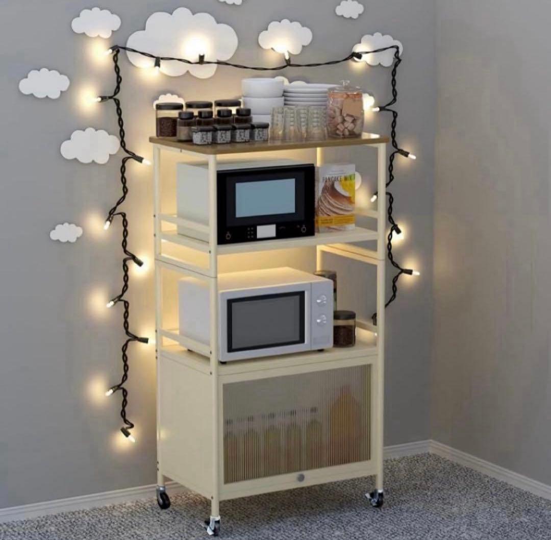 キッチンラック レンジラック キャビネット付き 4段 オープンラック 食器棚