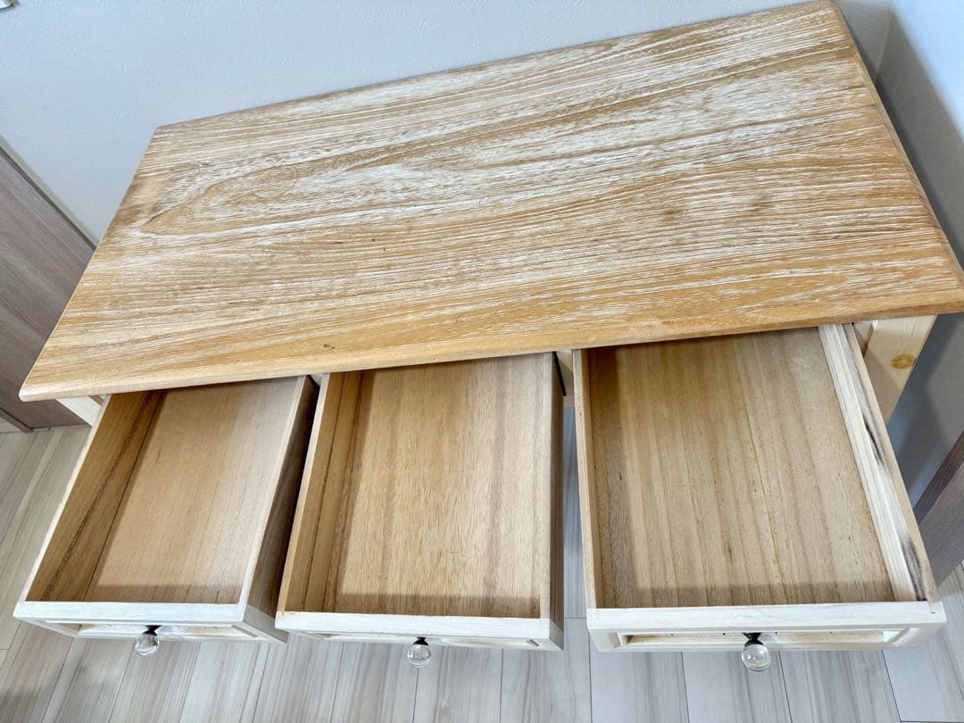 B-COMPANY アイボリー 木製テーブル 3引き出し