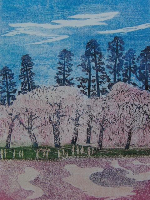 阿保浩、【桜舞の筏師たち】、希少な額装用画集より、美品、新品額装付