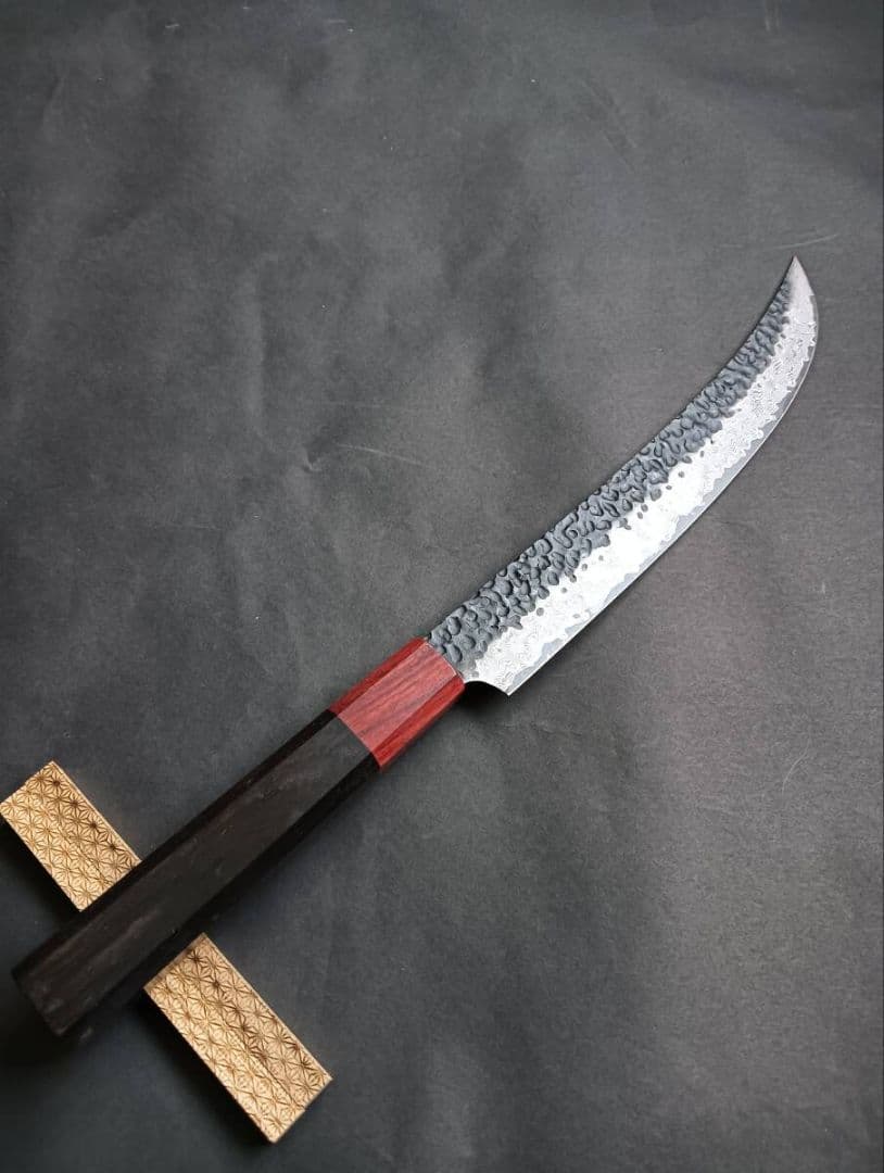 鬼反り黒打ち67層鏡面ダマスカスV金10号筋引き260mm 黒檀花梨柄