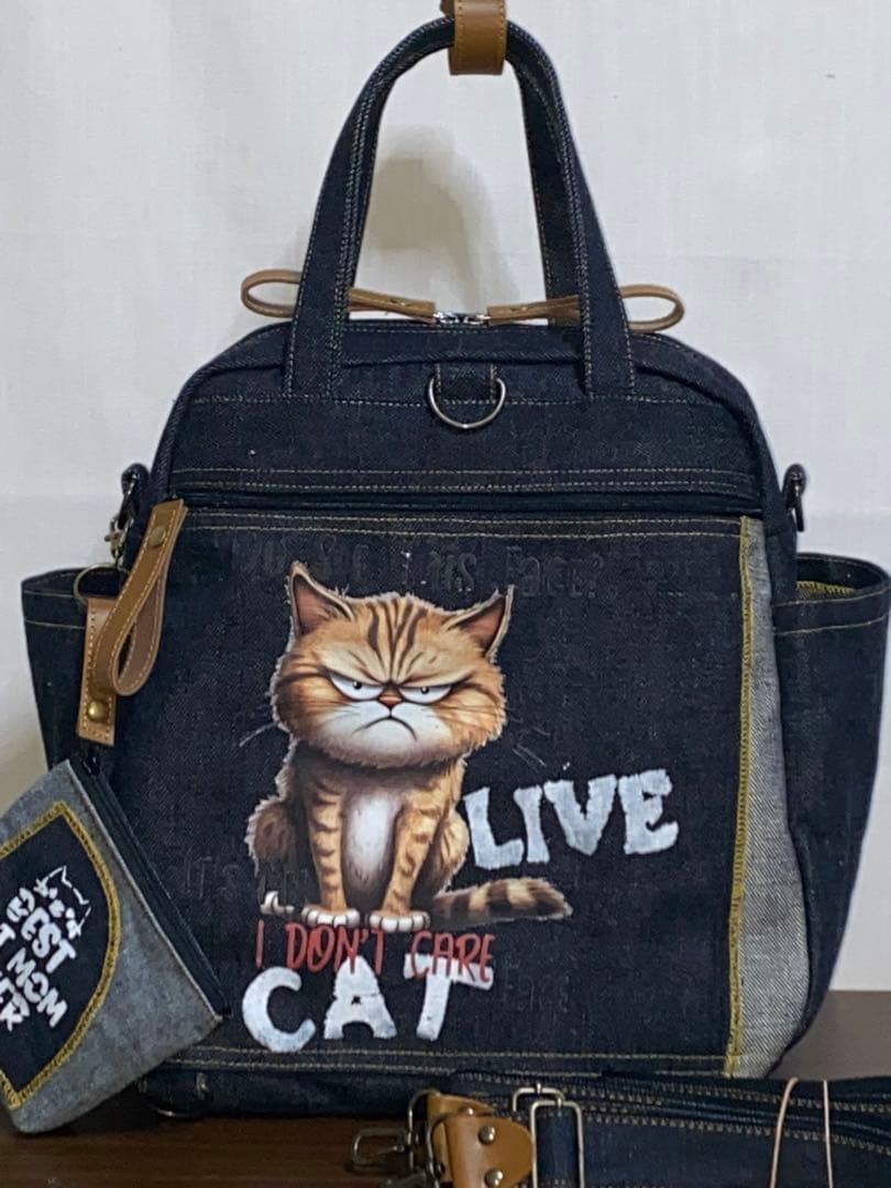 セール☆岡山デニム☆ステンシル☆トラネコ☆悪ネコ☆4wayボストンバッグ