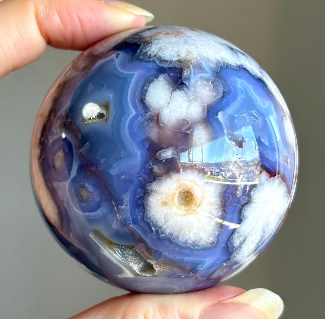 ラスト　高品質　ブルー桜瑪瑙　ブルーアゲート　スフィア　柄　花　5.7センチ