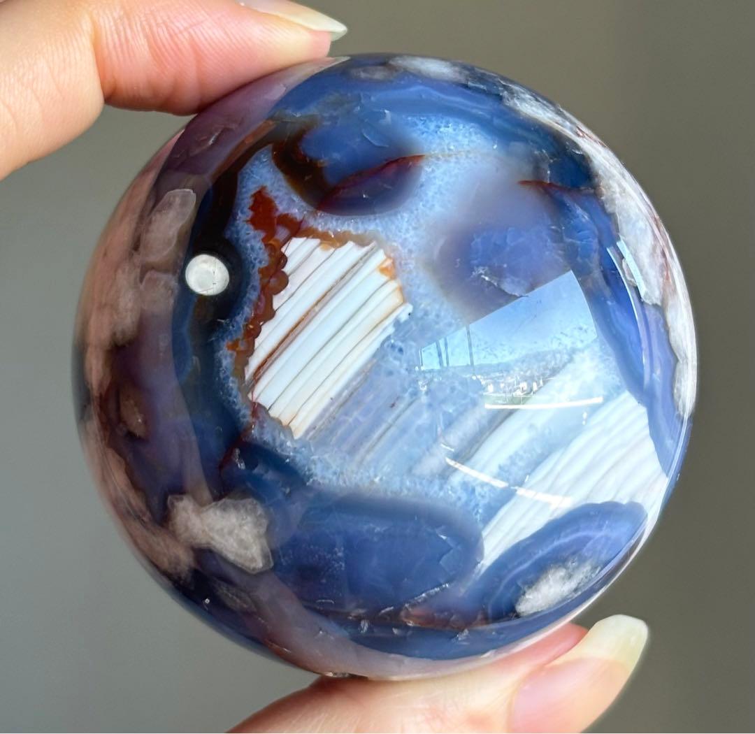 ラスト　高品質　ブルー桜瑪瑙　ブルーアゲート　スフィア　柄　花　5.7センチ