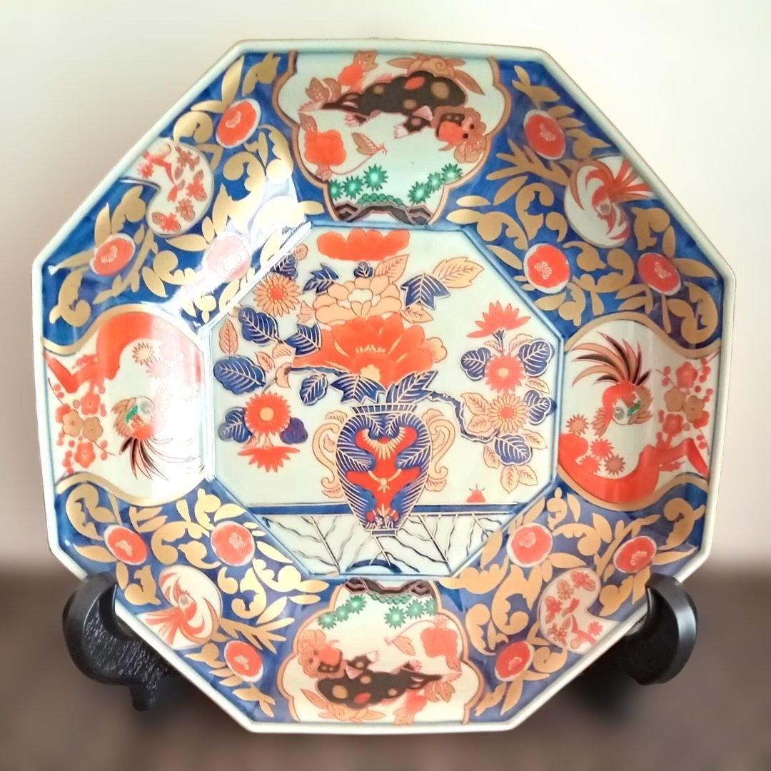 2/15まで値下げ！《桐箱付》林九郎窯 金唐草花篭図 八角鉢