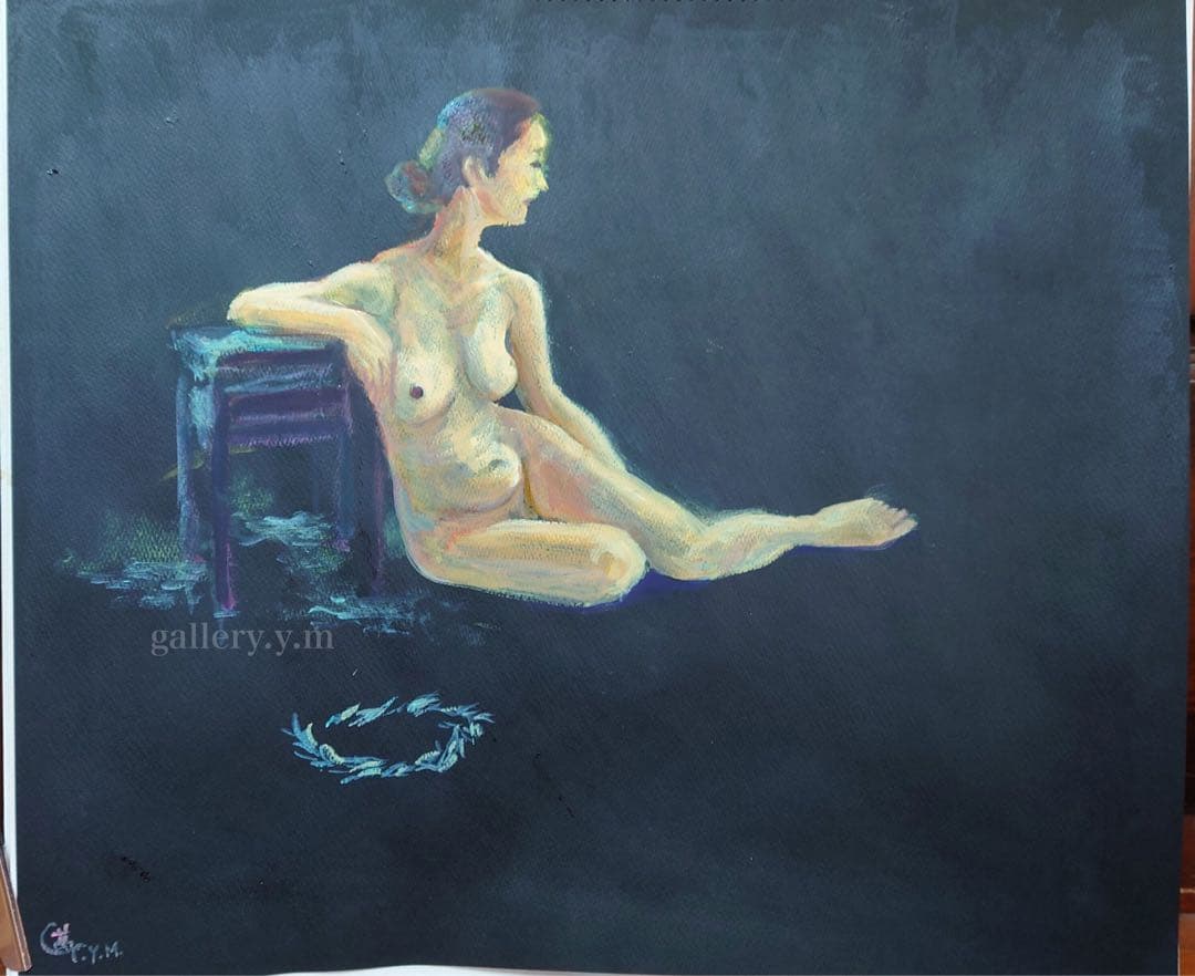 油絵　裸婦　『黒いバックの裸婦』