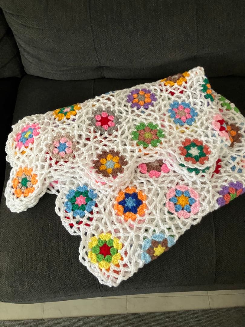 手編み　ソファーカバー　ベッドカバー　大判ブランケット　マルチカバー　かぎ針編み