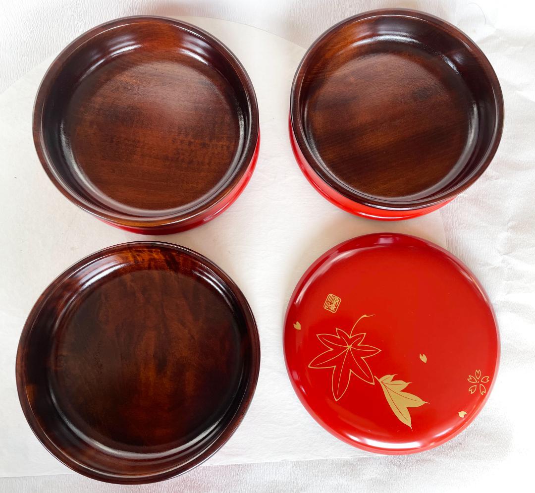 木製 重箱 本漆塗 春秋蒔絵金つづみ型 丸三段重 5寸 15cm 朱塗内すり漆