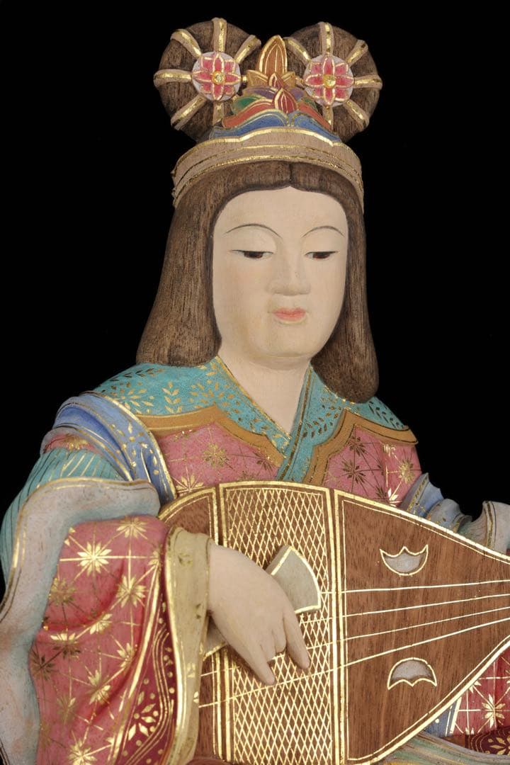 木彫置物 現代大仏師 向吉悠睦 秀逸作 木彫彩色像 琵琶を奏でる天女 女