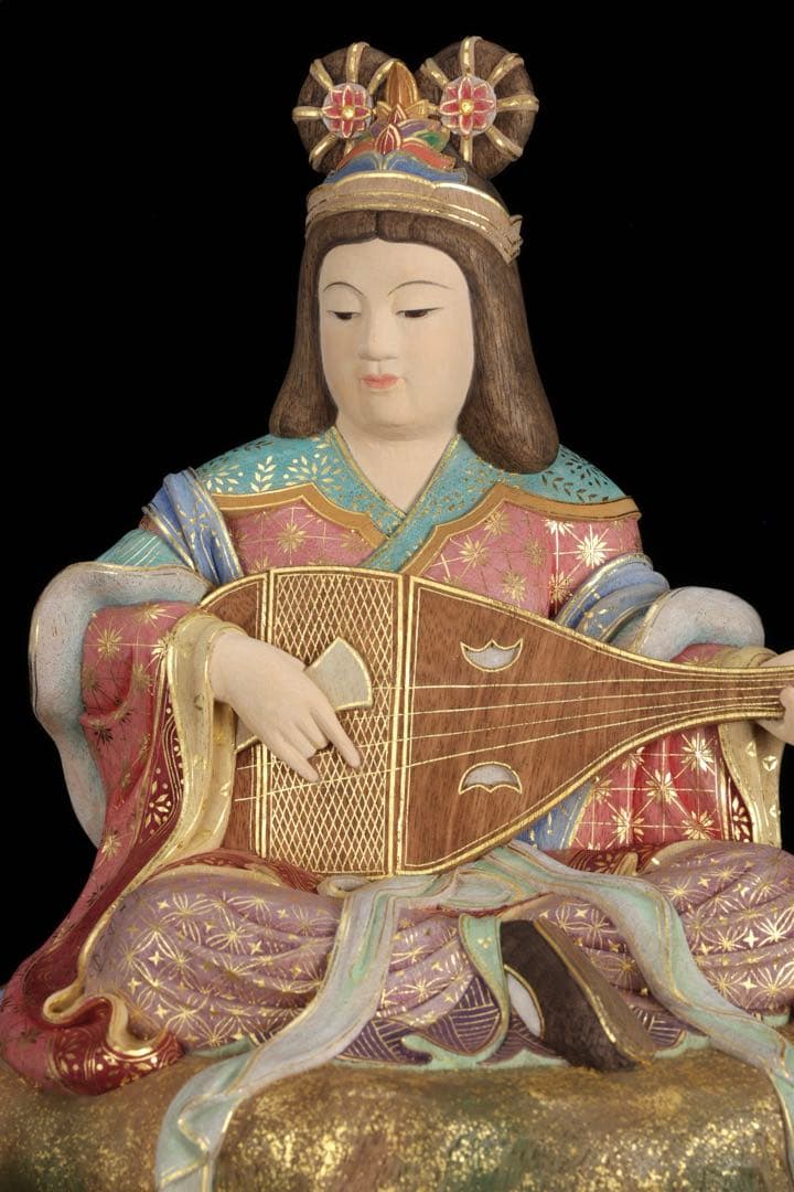 木彫置物 現代大仏師 向吉悠睦 秀逸作 木彫彩色像 琵琶を奏でる天女 女