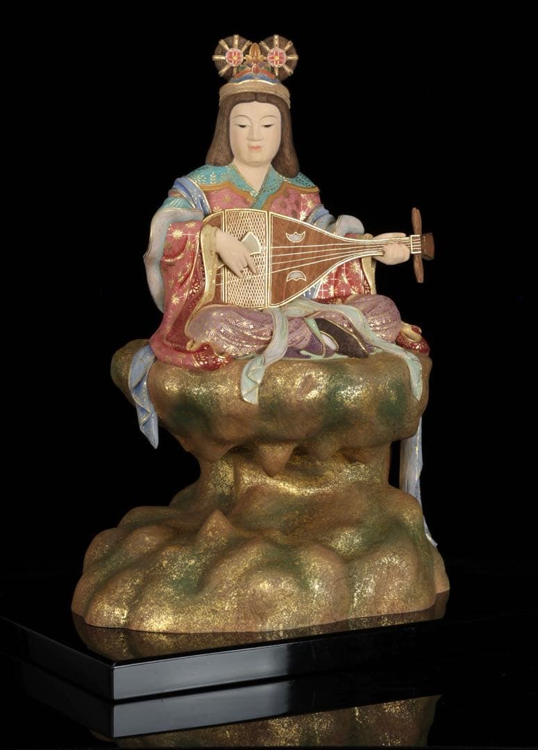 木彫置物 現代大仏師 向吉悠睦 秀逸作 木彫彩色像 琵琶を奏でる天女 女