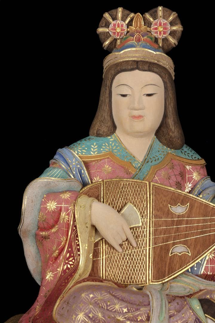 木彫置物 現代大仏師 向吉悠睦 秀逸作 木彫彩色像 琵琶を奏でる天女 女