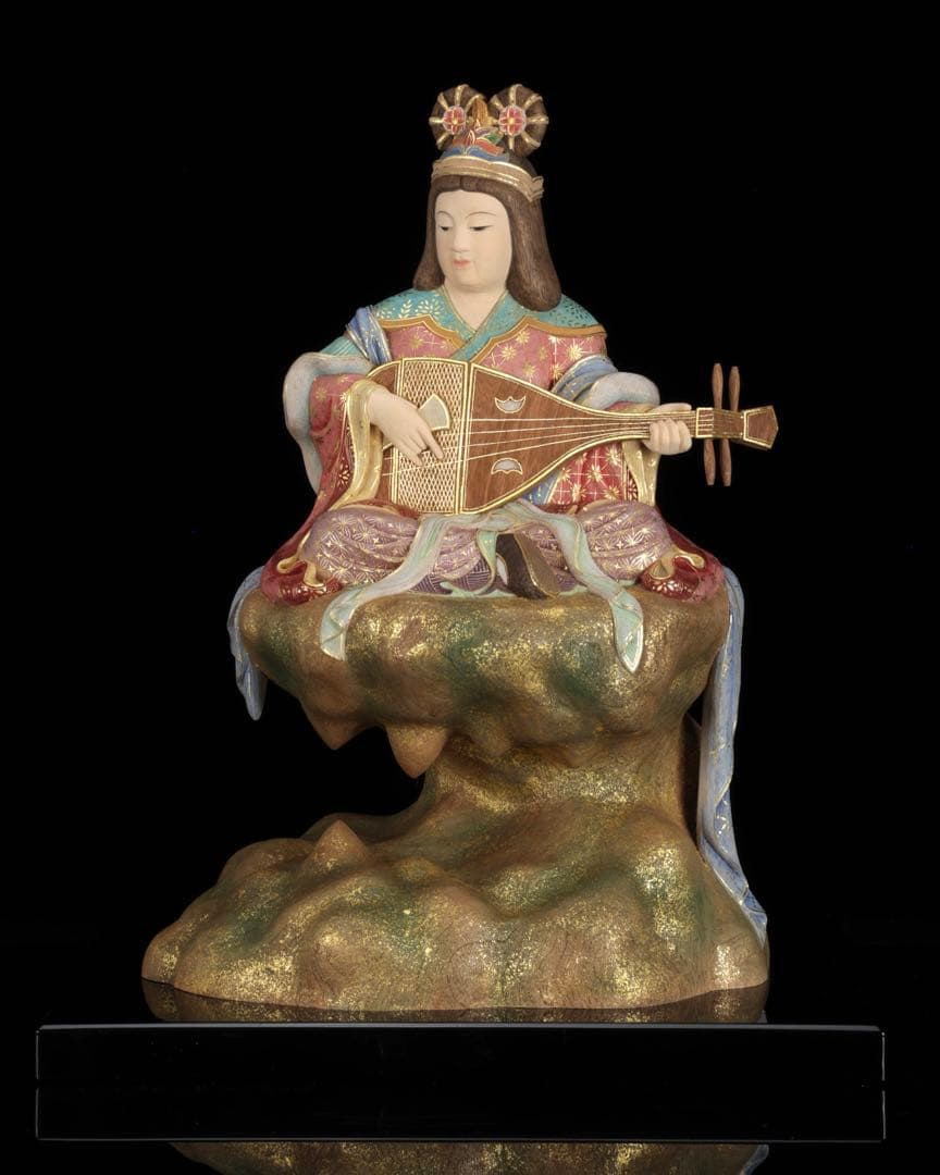 木彫置物 現代大仏師 向吉悠睦 秀逸作 木彫彩色像 琵琶を奏でる天女 女