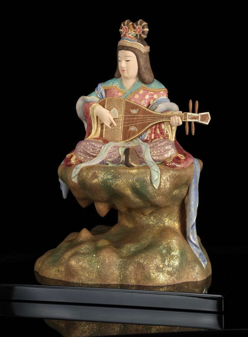 木彫置物 現代大仏師 向吉悠睦 秀逸作 木彫彩色像 琵琶を奏でる天女 女