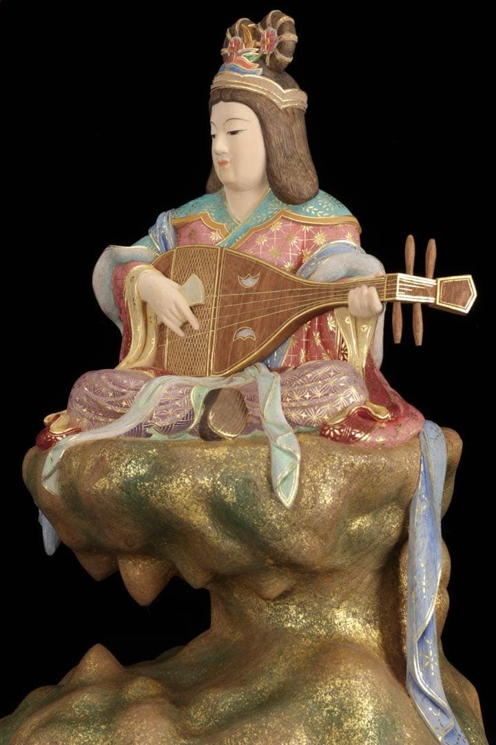 木彫置物 現代大仏師 向吉悠睦 秀逸作 木彫彩色像 琵琶を奏でる天女 女