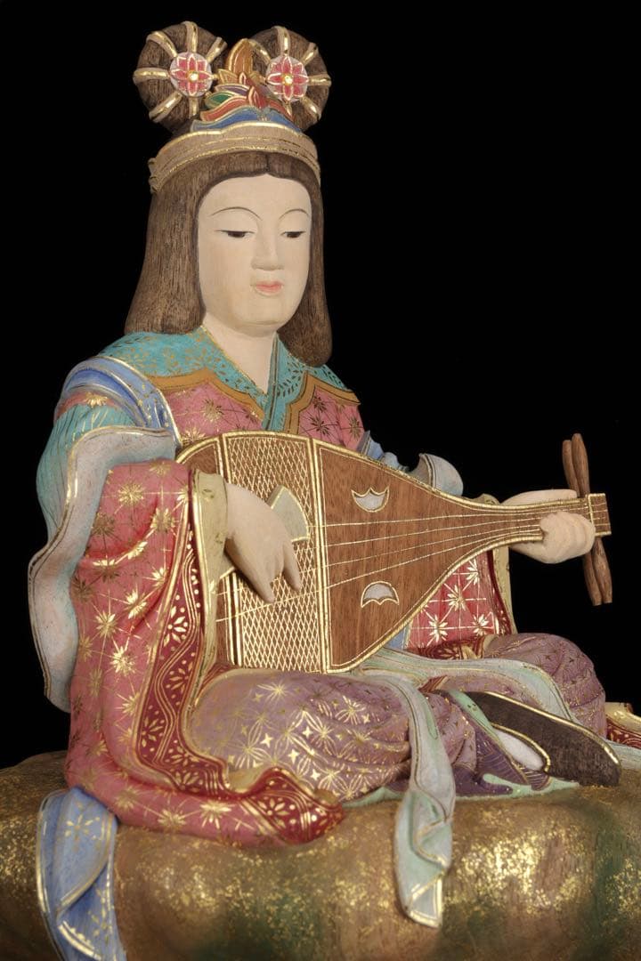 木彫置物 現代大仏師 向吉悠睦 秀逸作 木彫彩色像 琵琶を奏でる天女 女