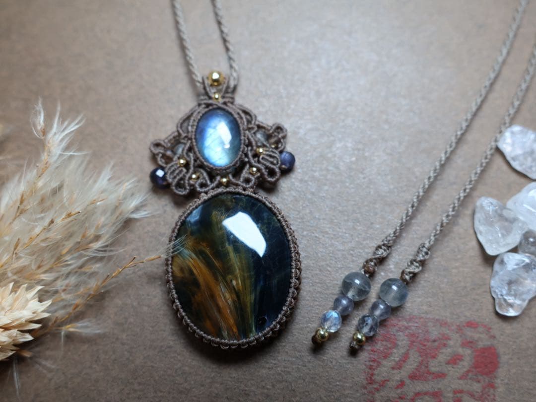 クロシドライトクォーツ(鑑別あり) マクラメ　ネックレス