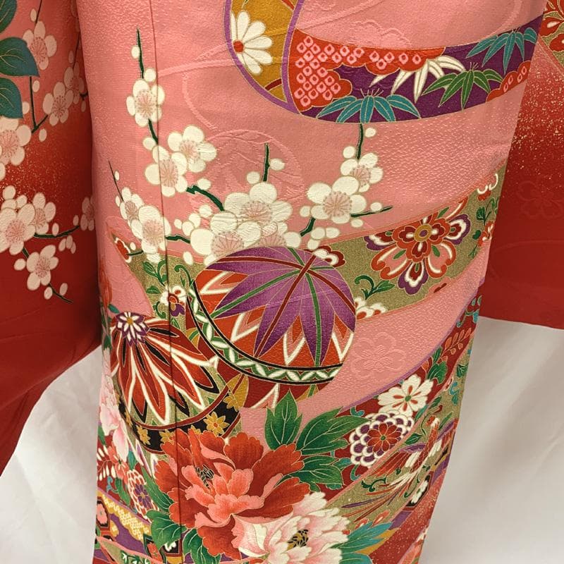 506ag38□七五三 七歳 女児 着物&袋帯 金彩 束ね熨斗 毬□美品