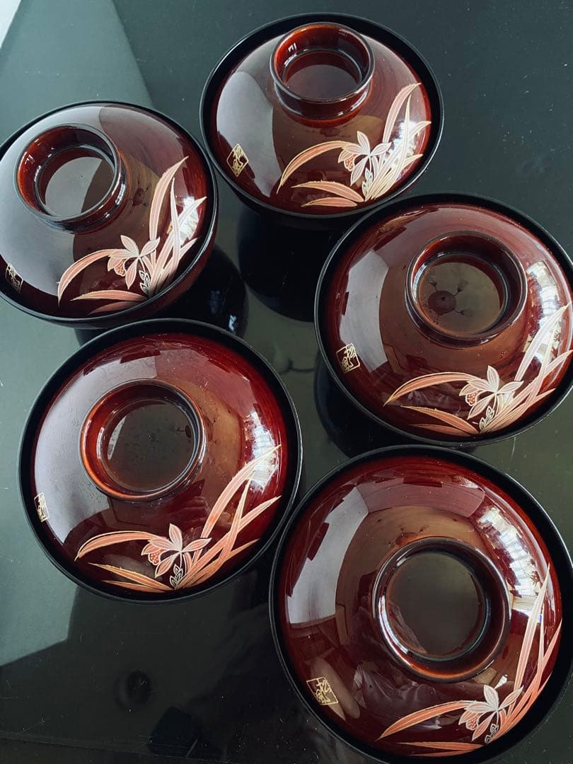 未使用◇特選漆器 蓋付 御吸椀揃 会津塗 竹峯 春慶 新 ラン 天然木五客