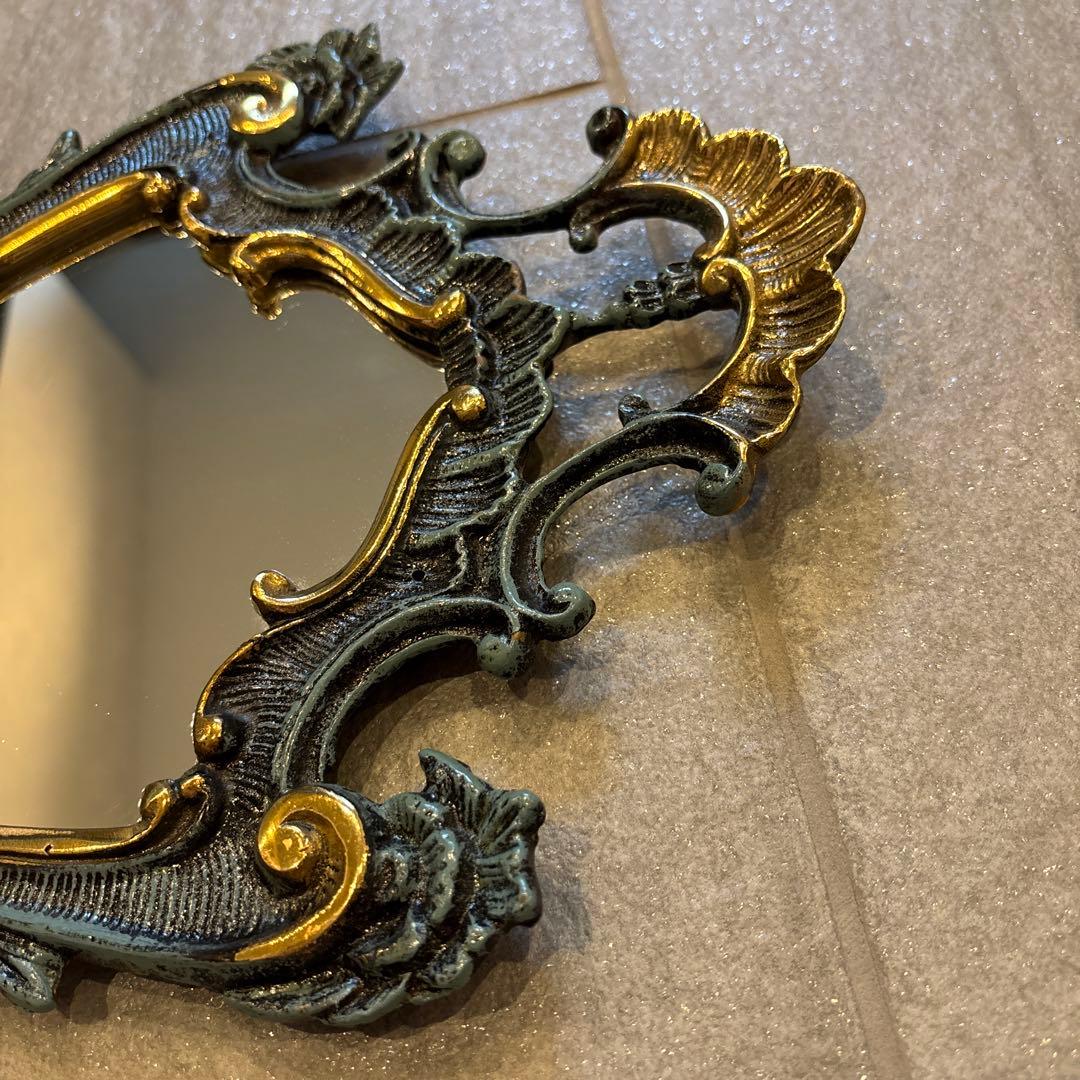 バロックスタイル 壁掛け鏡 ダークブルーと金 約40cm x 25cm