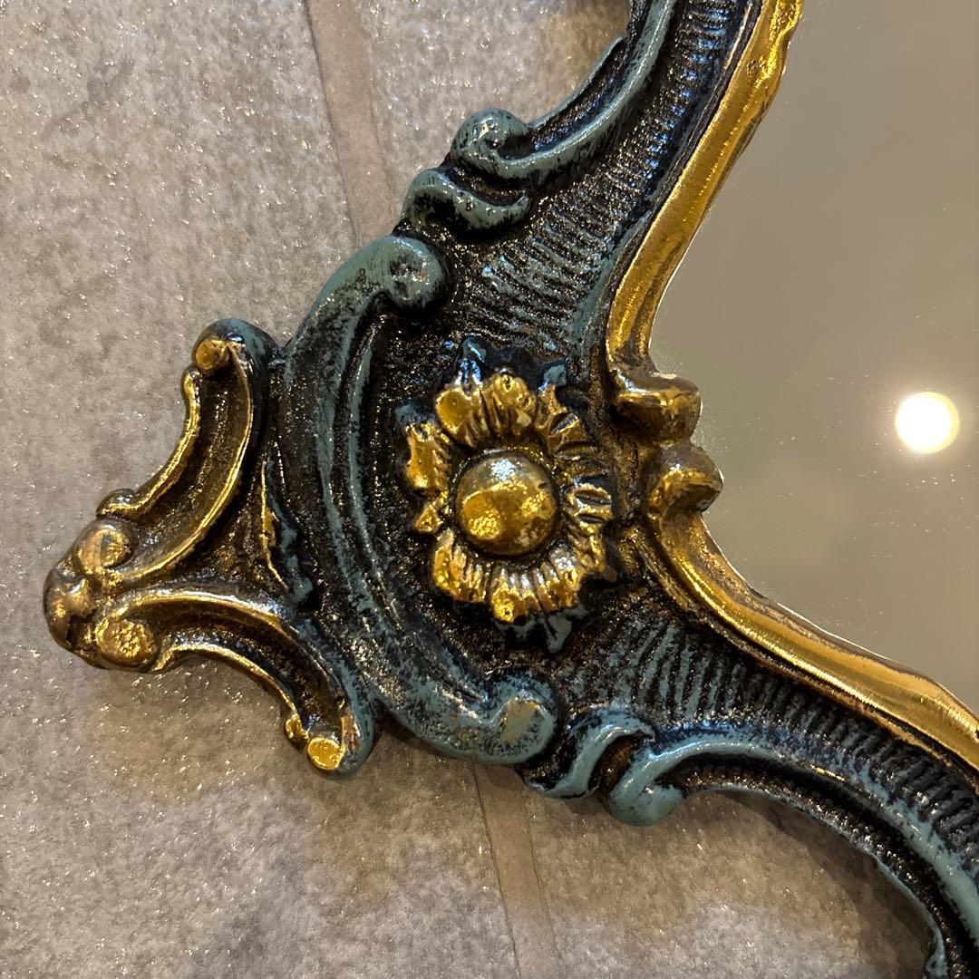 バロックスタイル 壁掛け鏡 ダークブルーと金 約40cm x 25cm