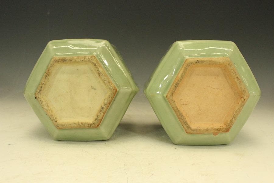 茶道具 六角 青磁 火入 煙草盆 一対 江戸末期-明治(A258)