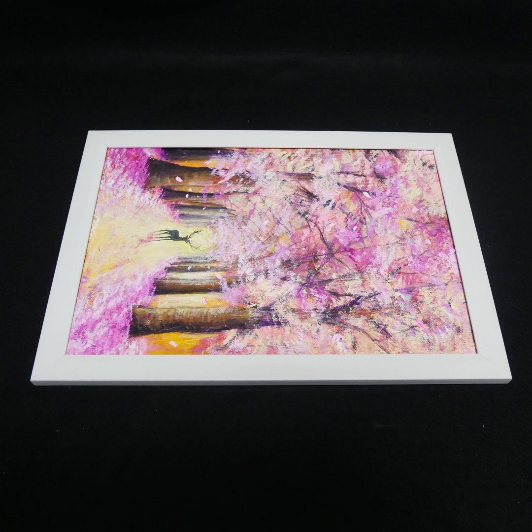 油絵 油彩 油彩画 絵 絵画【春景色の中で桜に立つ鹿】