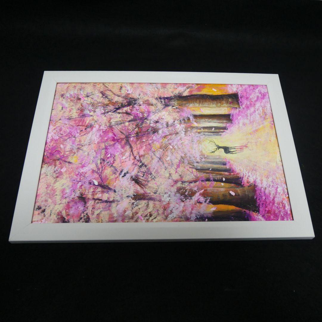 油絵 油彩 油彩画 絵 絵画【春景色の中で桜に立つ鹿】