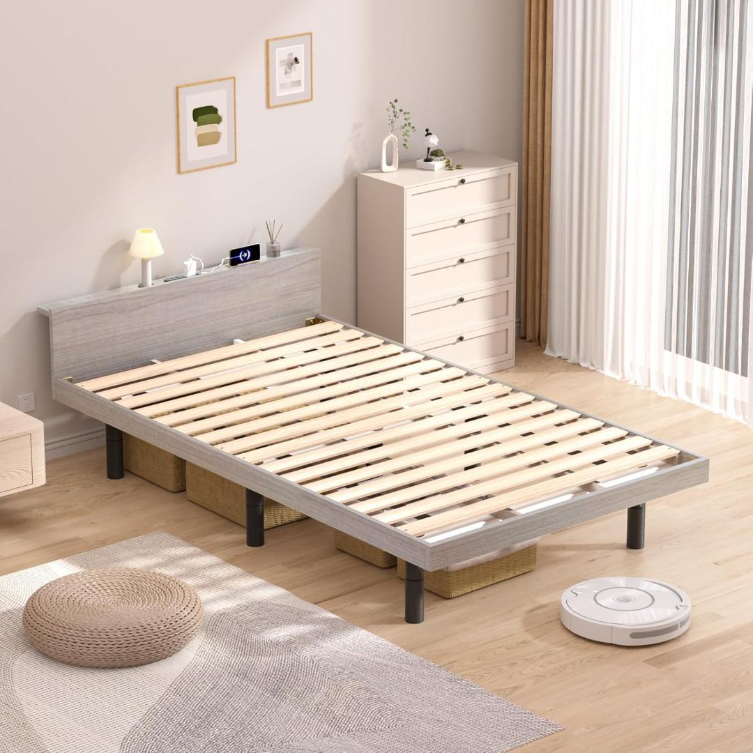 ベッドフレーム シングル すのこベッド 2口コンセント 3段階調整 グレー