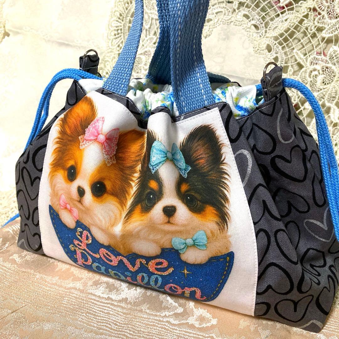 巾着トートバッグ　リボンのパピヨンちゃん