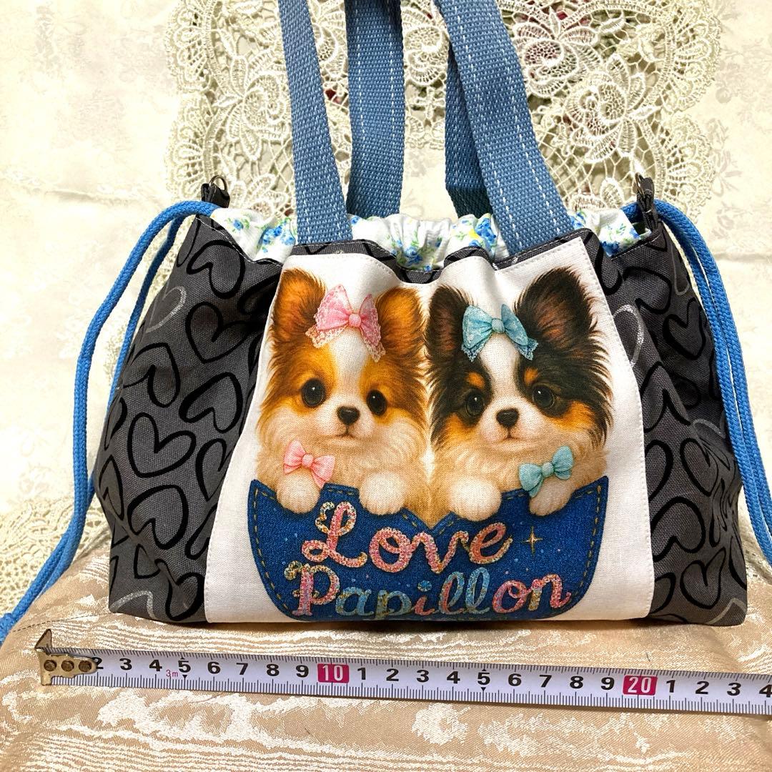 巾着トートバッグ　リボンのパピヨンちゃん