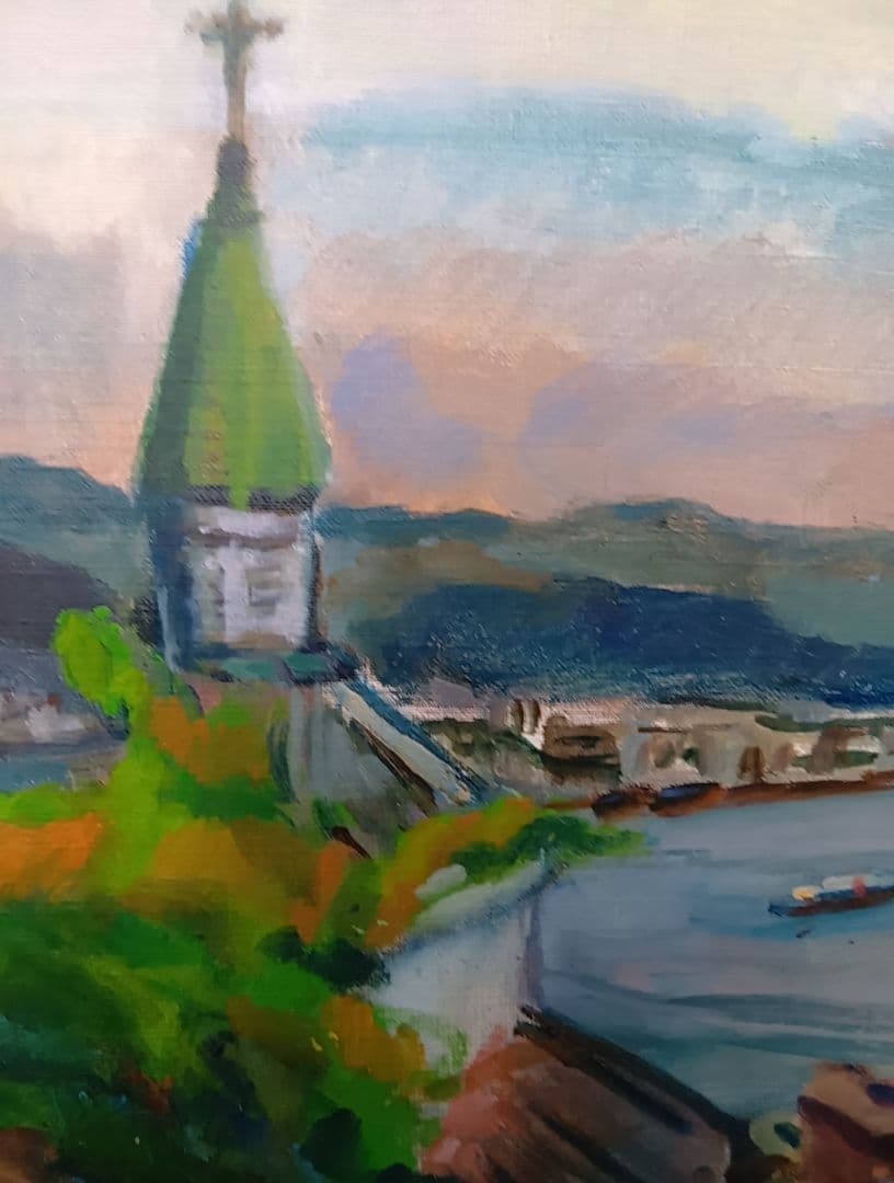 風景画 油彩画 多彩な色使い　 タイトル『長崎港の天主堂』