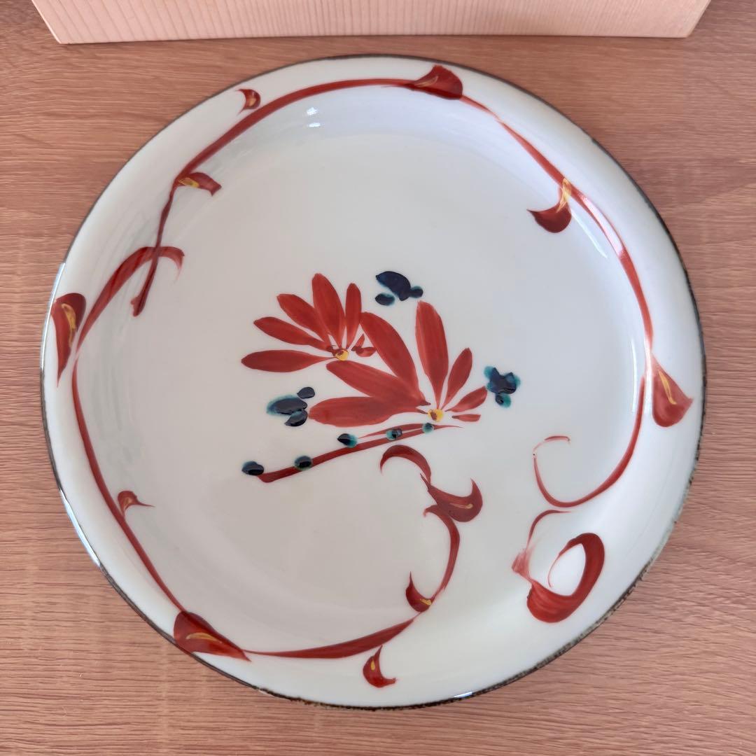 〈未使用木箱付〉廣永窯 赤絵花文皿 陶器 川喜田半泥子