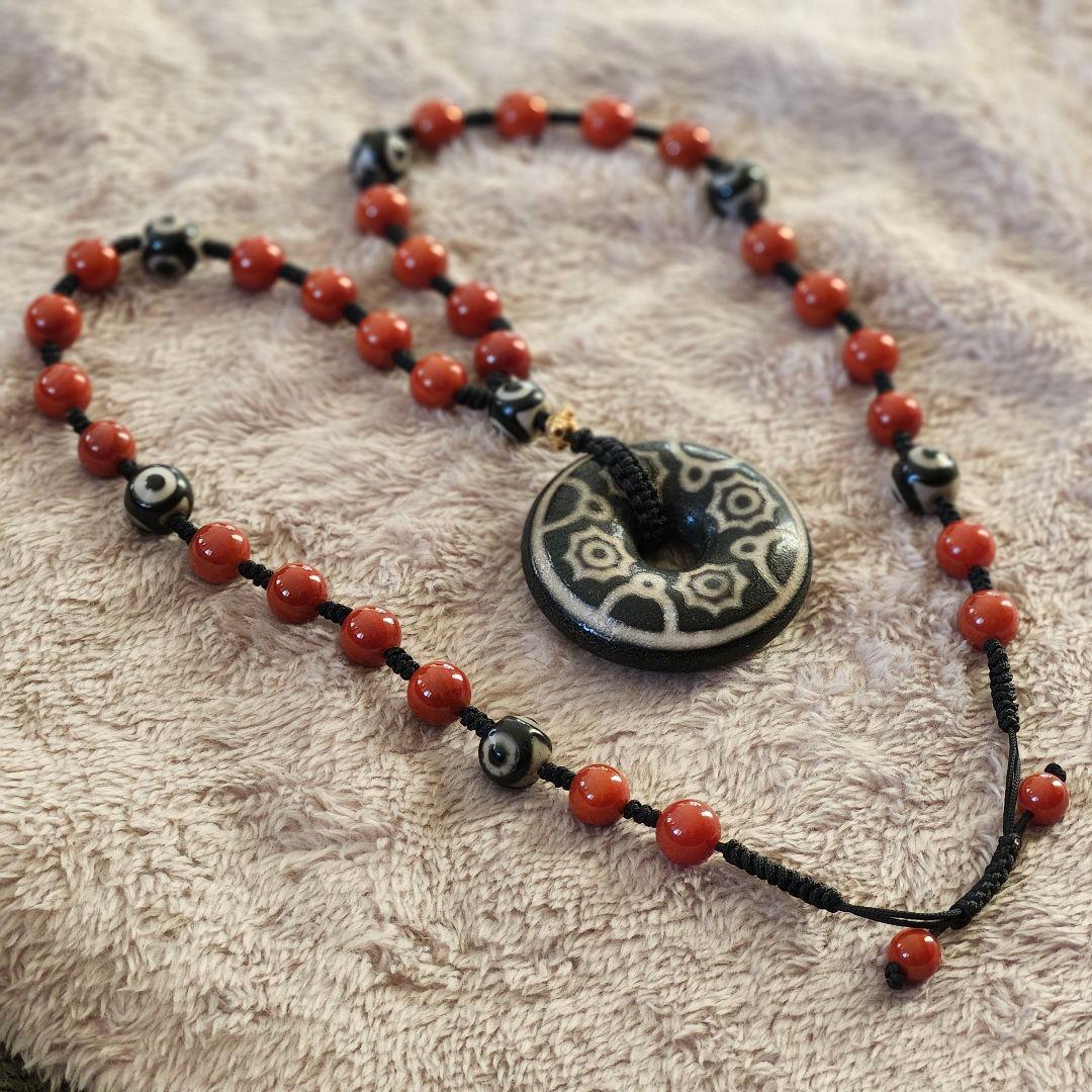 チベット天珠 九宮八卦 三眼7珠 紅玉髄瑪瑙 32玉 チベット直送