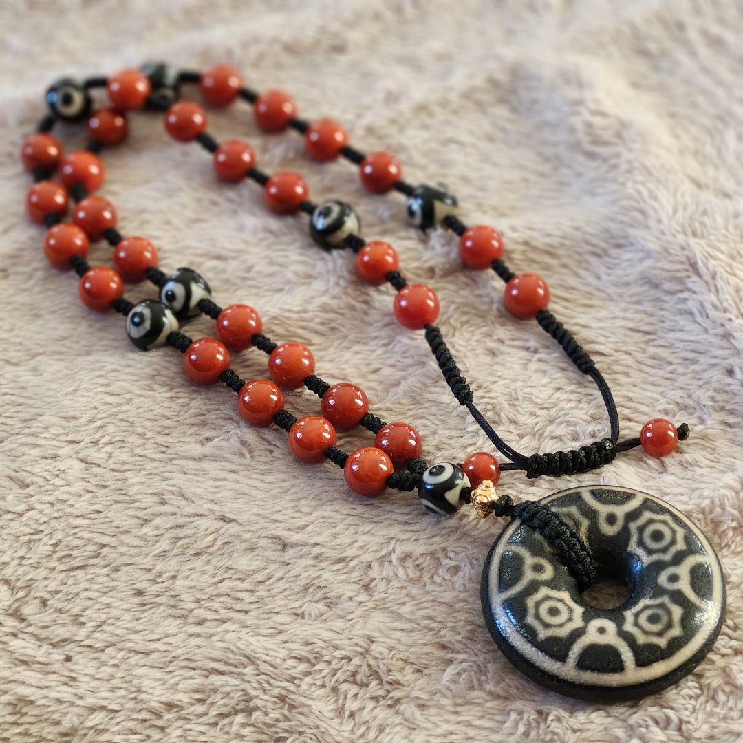 チベット天珠 九宮八卦 三眼7珠 紅玉髄瑪瑙 32玉 チベット直送