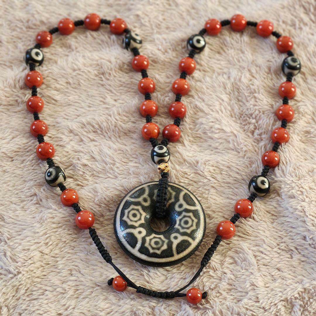 チベット天珠 九宮八卦 三眼7珠 紅玉髄瑪瑙 32玉 チベット直送