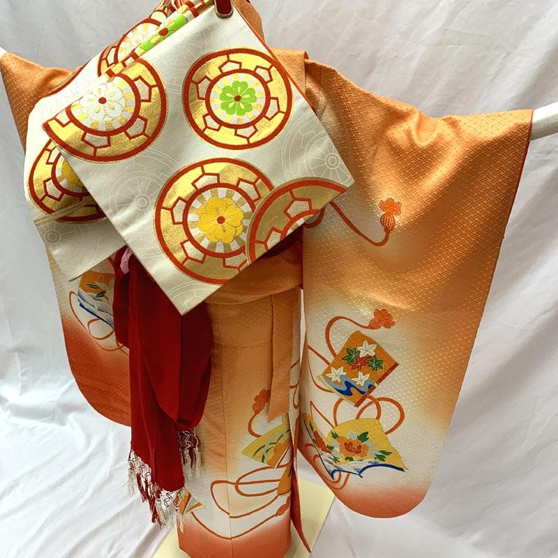 602ag25□七五三 七歳 女児 着物&袋帯&長襦袢 金彩 冊子□状態良好