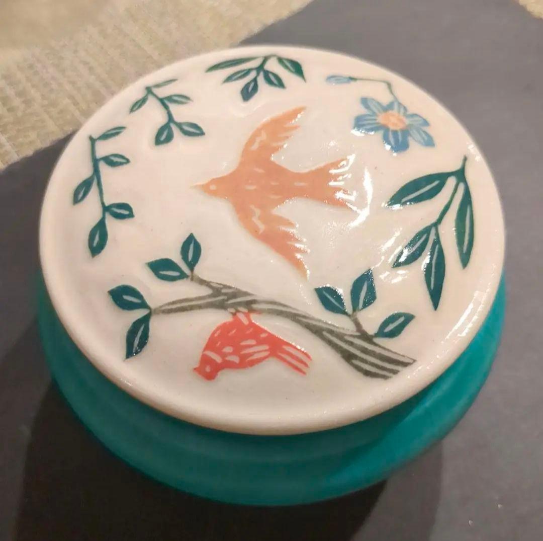 貴重　長谷川風子　蓋物　フタモノ　鳥　トリ　花