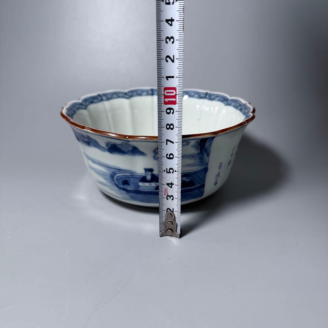 古伊万里 染付賢人漢詩輪花形中鉢 五点 赤壁賦 蘇軾 直径16.1cm 極上鉢