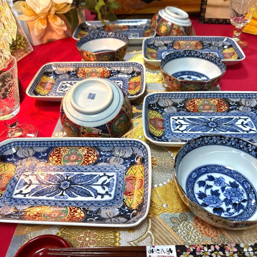 美品　吾山窯　金彩　伊万里長皿　豪華古伊万里小鉢　全10客 No.4-7