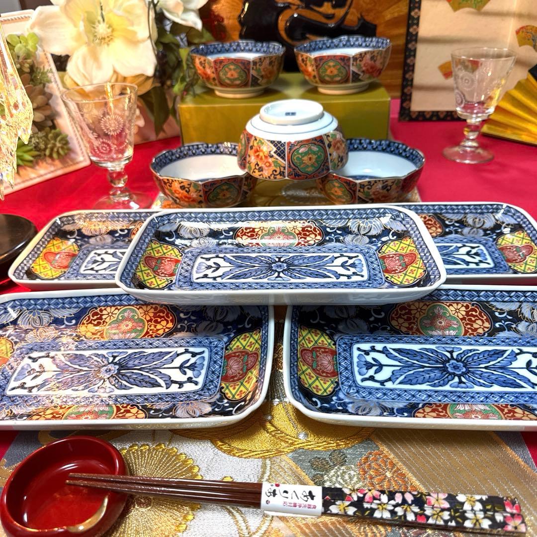 美品　吾山窯　金彩　伊万里長皿　豪華古伊万里小鉢　全10客 No.4-7