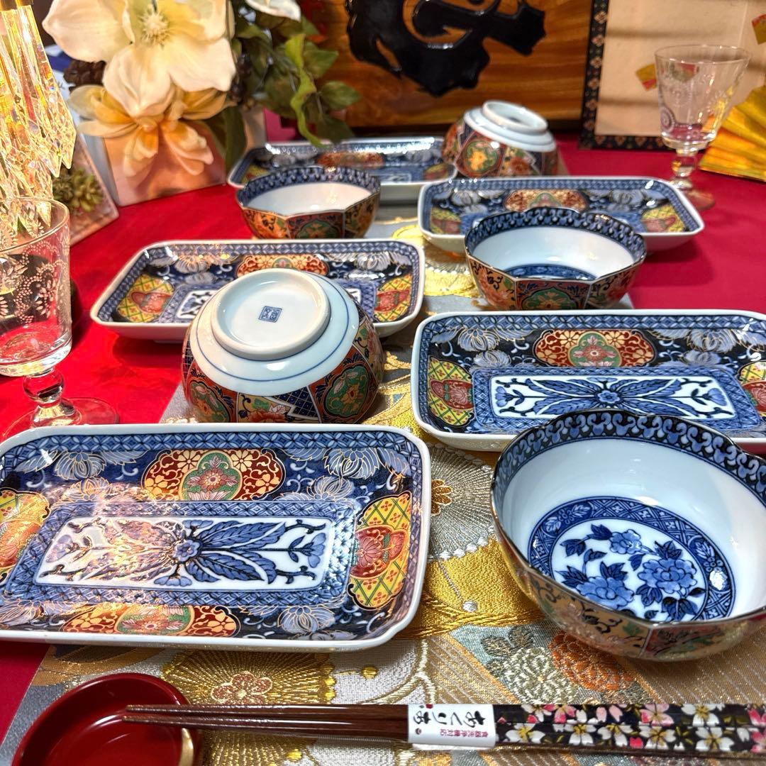 美品　吾山窯　金彩　伊万里長皿　豪華古伊万里小鉢　全10客 No.4-7