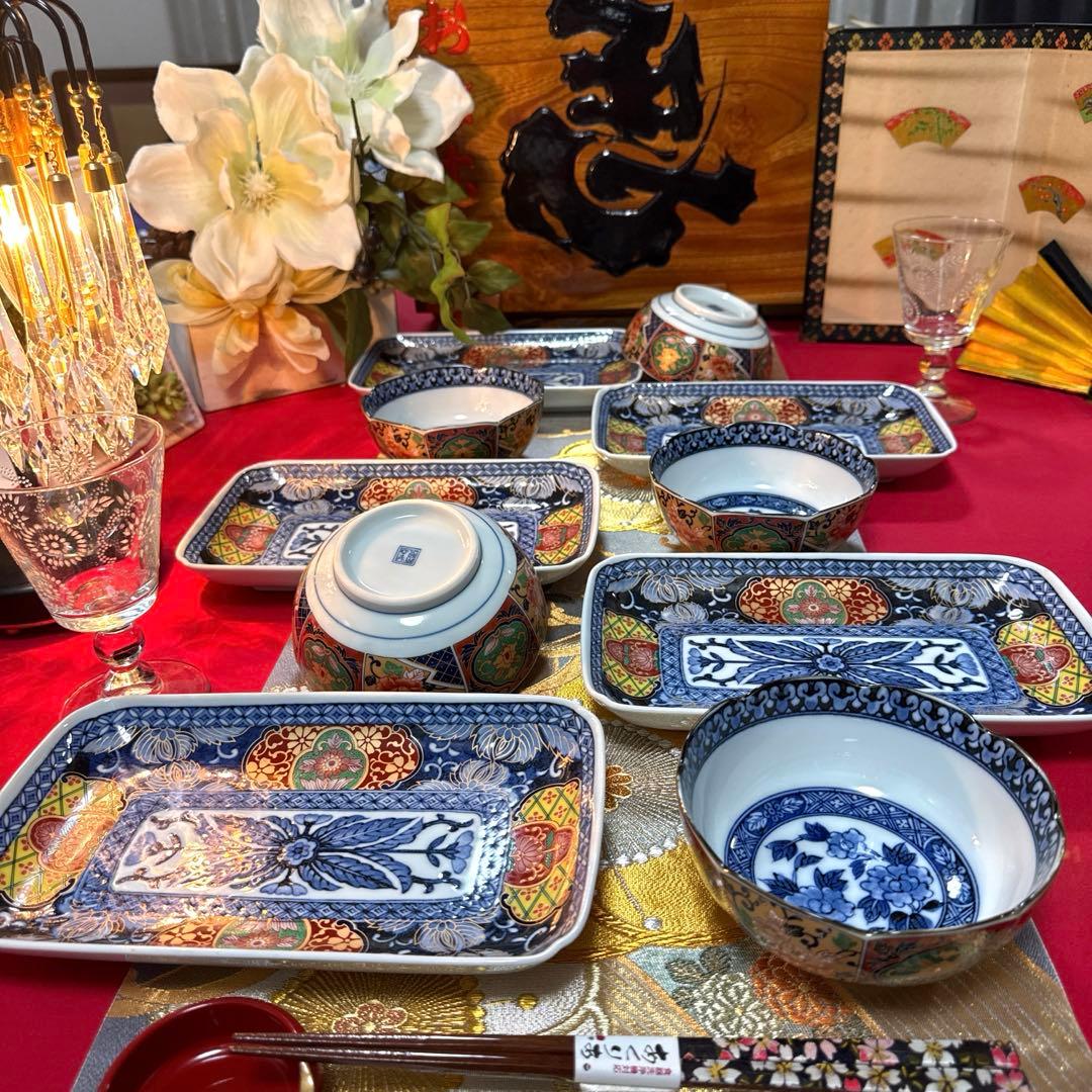 美品　吾山窯　金彩　伊万里長皿　豪華古伊万里小鉢　全10客 No.4-7