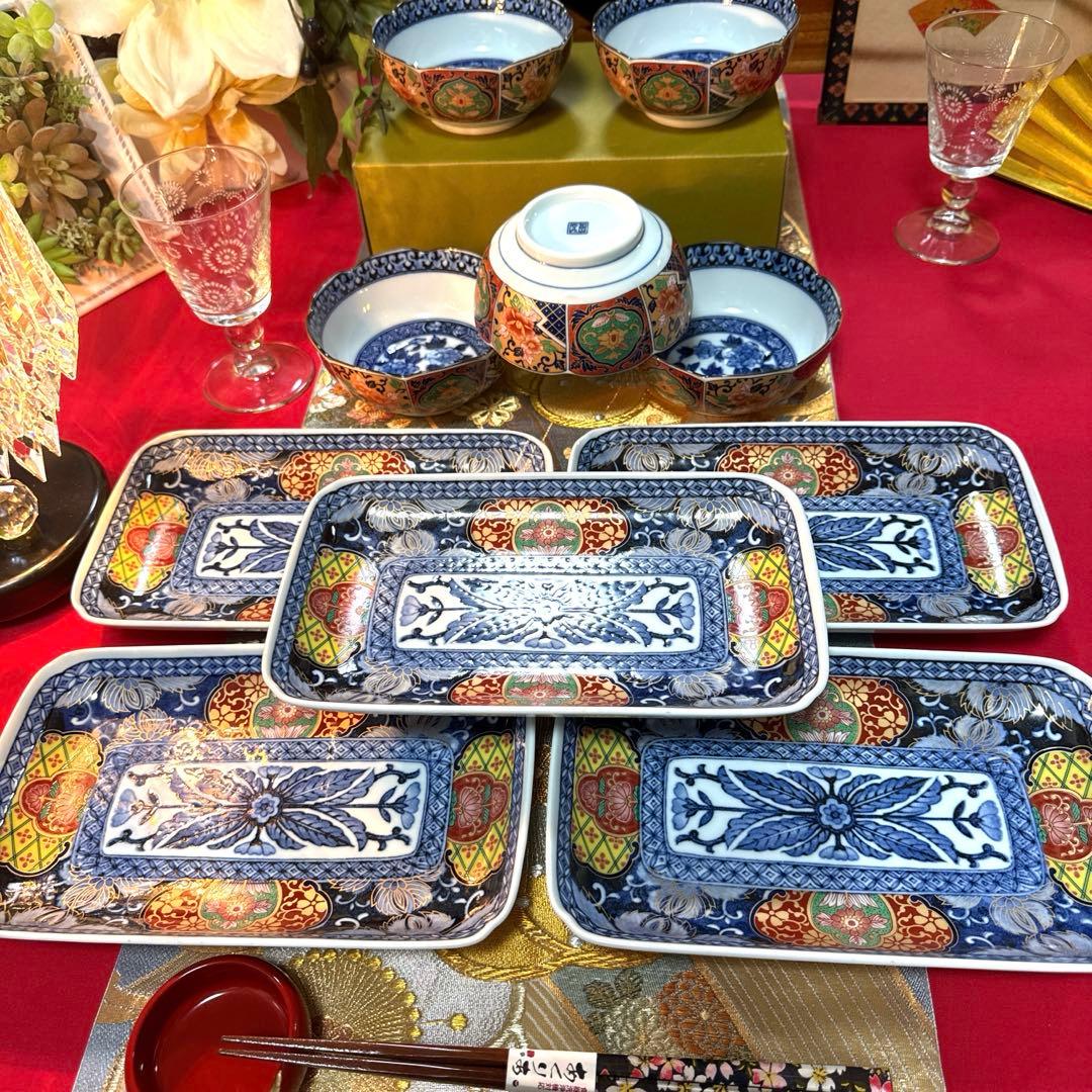 美品　吾山窯　金彩　伊万里長皿　豪華古伊万里小鉢　全10客 No.4-7