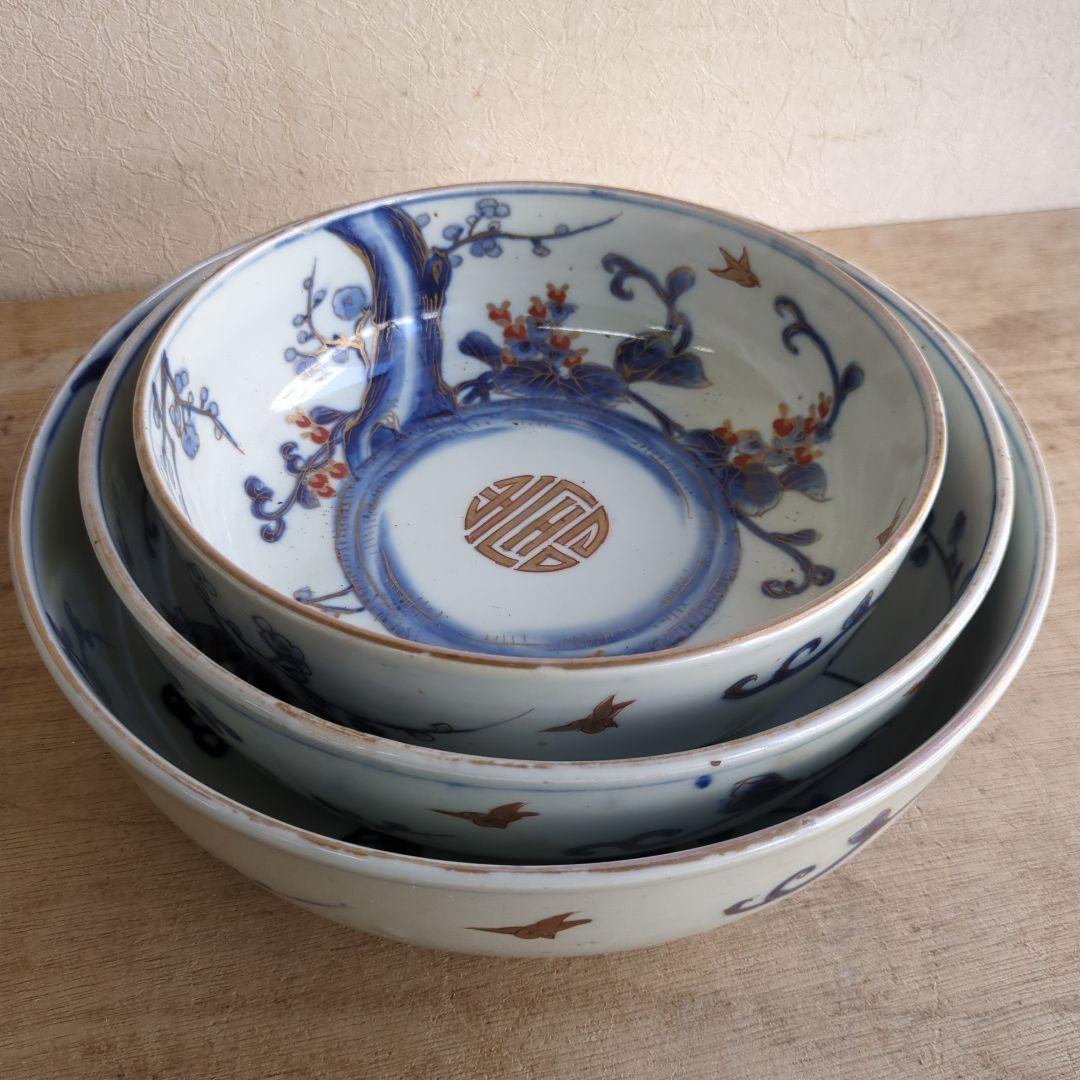 骨董 古伊万里 三っ丼 大中小 鉢 染め付け 花と鳥 二重高台 器 - メルカリ