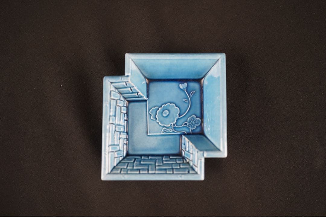 淡路珉平焼 青釉 花文 隅切角小皿 13客 / 角皿 向付 豆皿 懐石料理道具