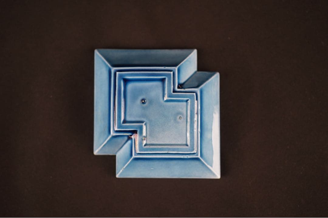 淡路珉平焼 青釉 花文 隅切角小皿 13客 / 角皿 向付 豆皿 懐石料理道具