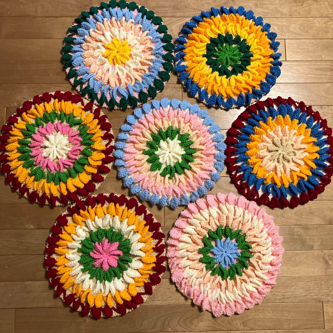 7点 オシャレ ハンドメイド セット 手編み クッション インテリア マット