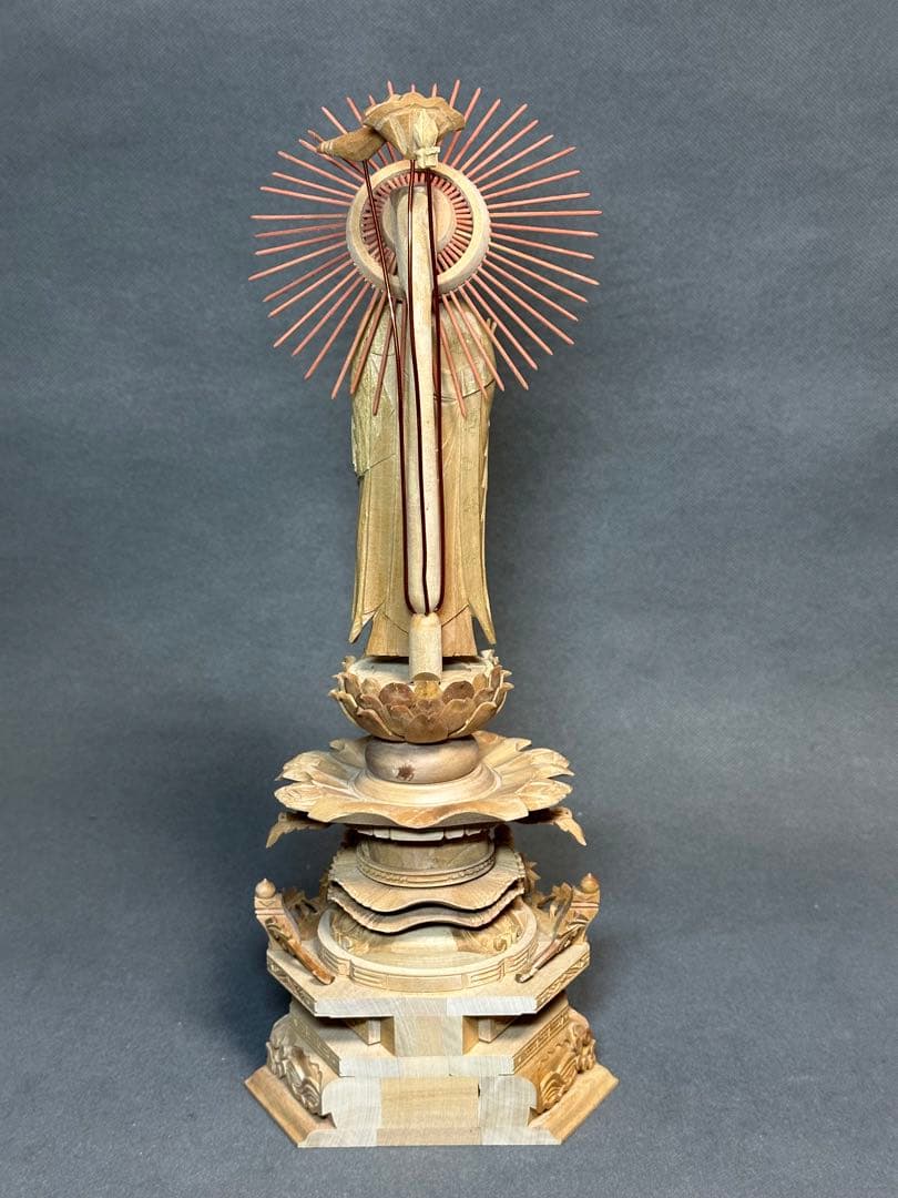 白檀　金泥書　丹型阿弥陀如来　4.5寸 六角ケマン台　木彫り　仏像アンティーク