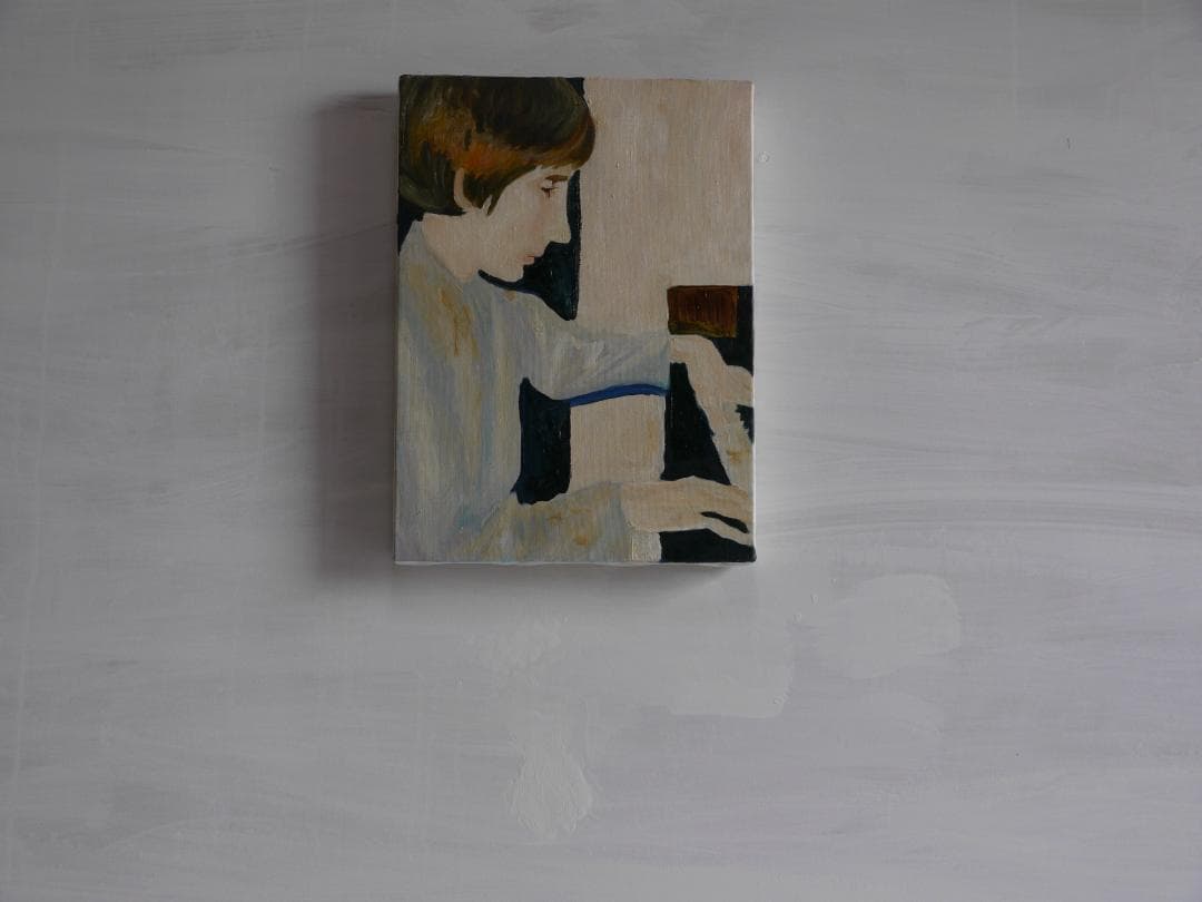 24×32㎝「ピアノの練習をする白人少年」油彩・原画・F4