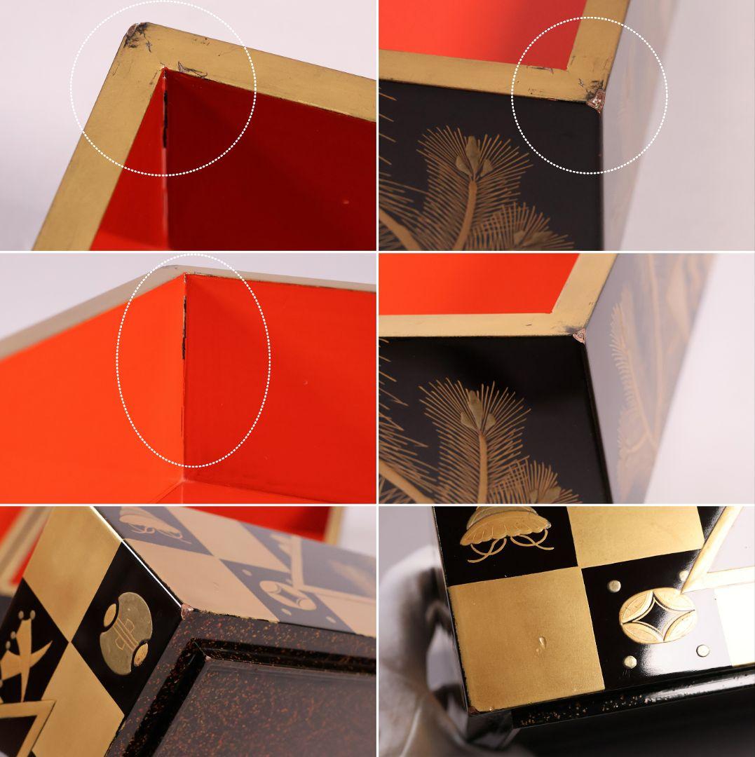 MB209】時代物 市松に宝尽 松竹梅 金蒔絵 五段重箱 台付 天然木 漆塗